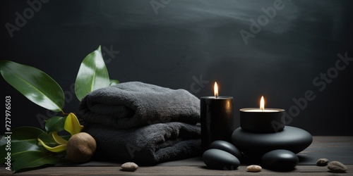 Tranquil ambiance surrounds a setup of a towel laid atop ferns, adorned with flickering candles and black hot stones, offering a soothing atmosphere. photo