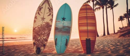 Surfboards palm patterns on the beach with palm trees and sunset sky background. Surfboards on the beach. Vacation Concept with Copy Space.