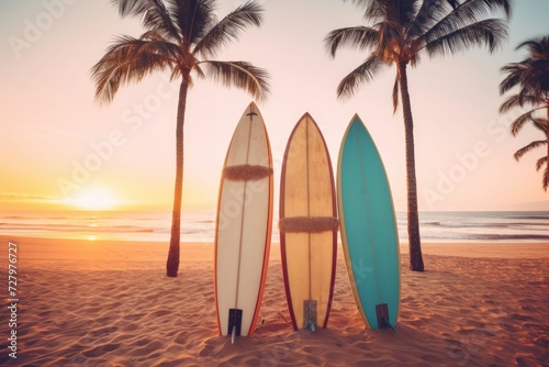 Surfboards palm patterns on the beach with palm trees and sunset sky background. Surfboards on the beach. Vacation Concept with Copy Space. © John Martin