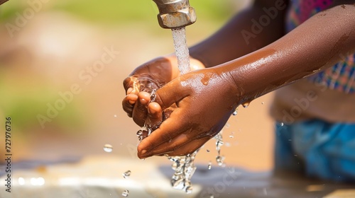 Close-up of african child s hand washing with running water. AI.