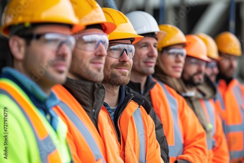 Group of industrial workers standing in a row and looking at the camera. AI.