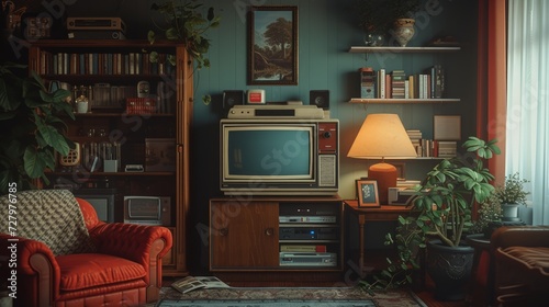  Retro gaming living room with a classic television set and warm ambient lighting
