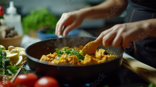 Closeup on female hands cooking delicious and healthy food in kitchen at home. AI.