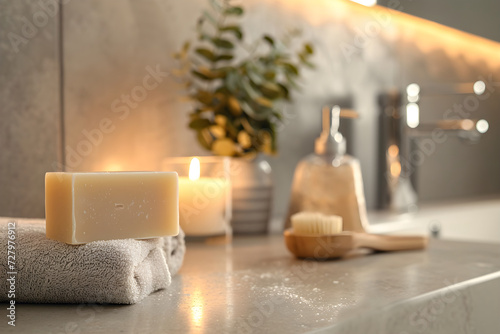 soap on a towel near a bath, bathroom ad. European or french modern hotel ad. porcelain sink, white towel. Candles