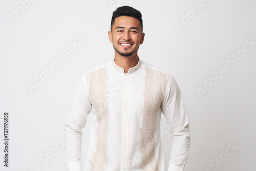 Youthful Muslim man standing on a white background, adorned with traditional Balinese motifs in a happycore style, captured with the vibrant energy of Provia film