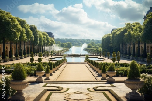 A peaceful oasis with a centrally placed fountain set amidst a sprawling garden, Palace of Versailles gardens in Spring, AI Generated
