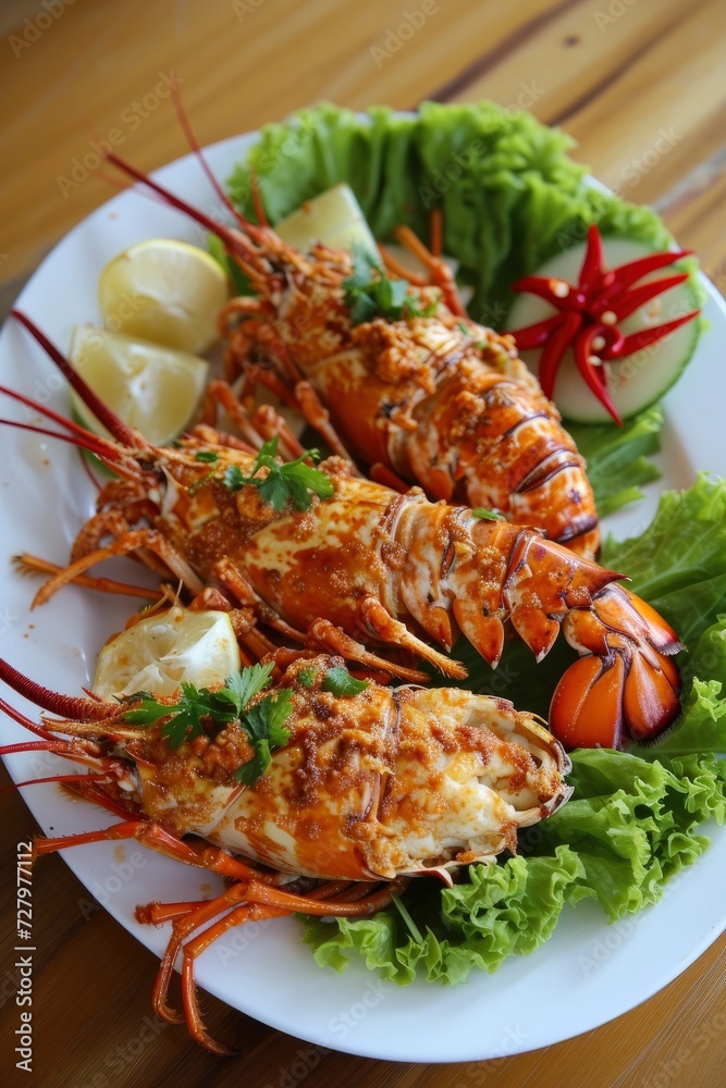 A top view of spiny lobster delicacy elegantly plated on a white plate, adorned with herbs, spices, lemon, coriander, parsley, vibrant lettuce salad. A top view of spiny lobster delicacy elegantly plated on a white plate, adorned with herbs, spices, lemon, coriander, parsley, vibrant lettuce salad.