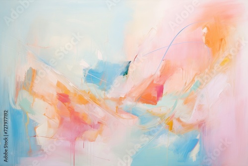 A vibrant abstract painting featuring a variety of colors on a background of blue, pink, yellow, and white, Pastel hued abstract painting, AI Generated
