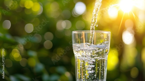 A refreshing scene of water being poured into a glass, illuminated by sunlight, with a serene natural green background