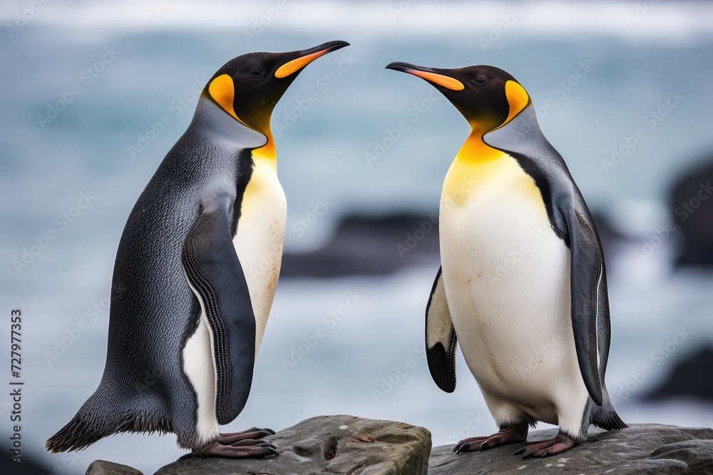 Fototapeta premium A pair of penguins gracefully stands on top of a rock, seemingly at ease in their natural surroundings, Penguins communicating by their unique calls, AI Generated
