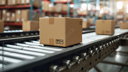 E-commerce Snapshot: Closeup of Multiple Cardboard Boxes on Conveyor Belt in Warehouse, Reflecting the Dynamics of Fulfillment, Delivery, and Automation
