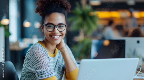 Office Elegance: Close-Up Portrait of a Young, Beautiful Woman Smiling While Engaged in Laptop Work, AI Generative