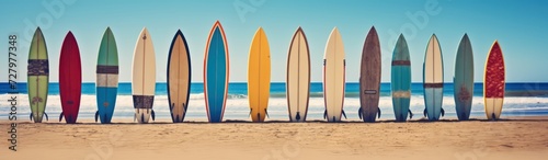 Surfboards on a sandy beach. Panoramic banner. Surfboards on the beach. Vacation Concept with Copy Space. © John Martin