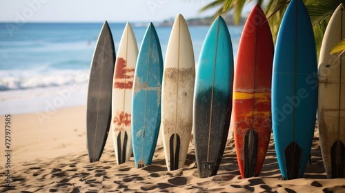 Surfboards on the beach in sunny day, vintage color tone. Surfboards on the beach. Vacation Concept with Copy Space.