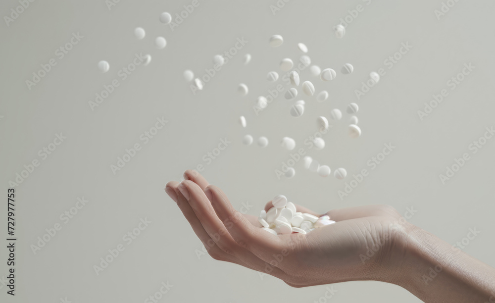 pills falling from palm on white background