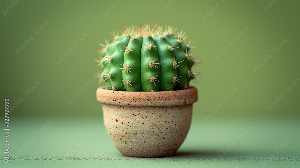 A green cactus in a terracotta pot against a soft green background. A green cactus in a terracotta pot against a soft green background.