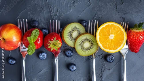 This creative image features an array of fruit and vegetables impaled on silver forks, arranged against a grey background photo