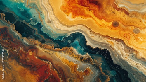 Swirling colors of orange and blue in a dynamic abstract fluid art piece.