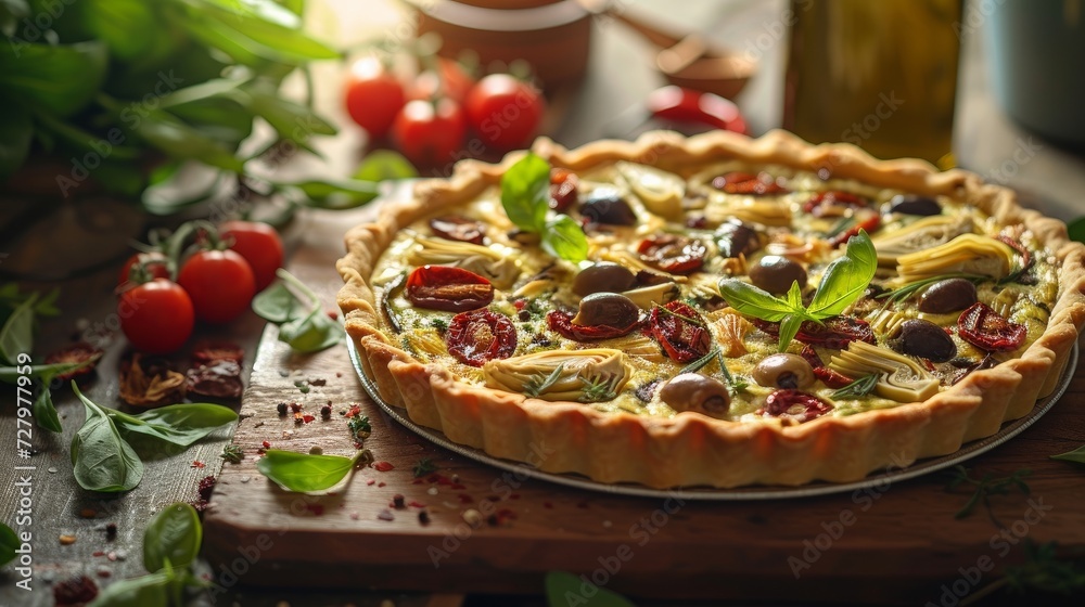 captures a golden, organic, and healthy crispy pie quiche with artichokes, dried tomatoes, and olives, beautifully presented on a table captures a golden, organic, and healthy crispy pie quiche with artichokes, dried tomatoes, and olives, beautifully presented on a table