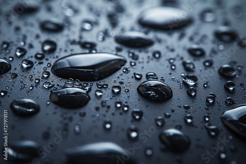 Close-up of dark water droplets on a black surface