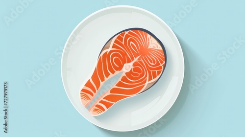 Plate with salmon steak isolated on blue background. 
