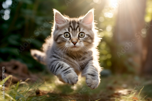 Adorable Kitten in Mid-Jump Playing Outdoors in Sunlit Garden