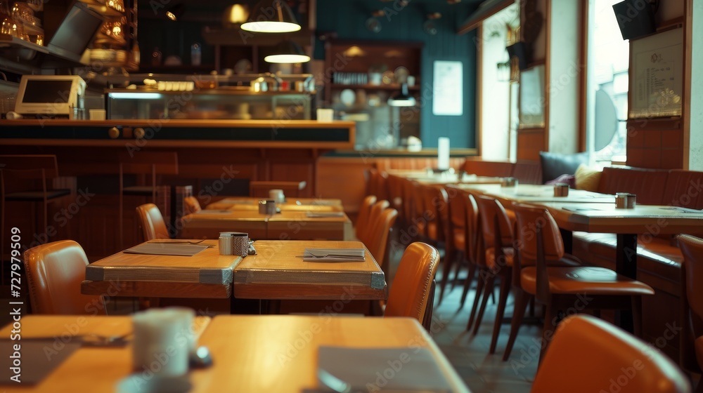 Obraz premium Restaurant interior with empty tables and service counter