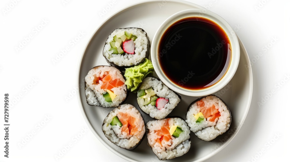 Rolls with sauce. View from above. Delicious Asian food, rolls, sushi Rolls with sauce. View from above. Delicious Asian food, rolls, sushi