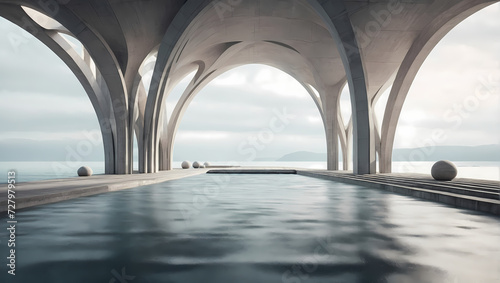 Floating 3D bridges and pillars with an architectural concrete-inspired texture. © xKas