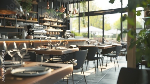 Restaurant interior with empty tables and service counter