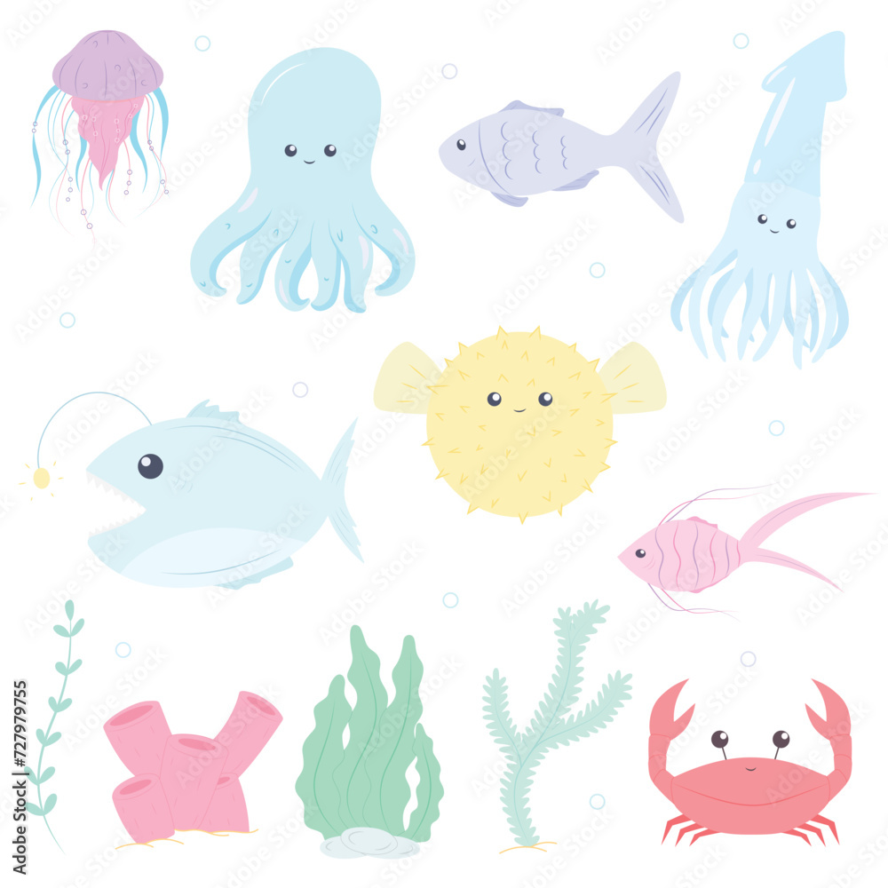 Fototapeta premium Sea life. Underwater world. Fish, jellyfish, seabed, seaweed, octopus, squid, fugu fish. Vector flat illustration and set of icons