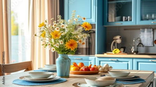 Stylish cuisine with flowers in vase. Wooden kitchen in easter decor