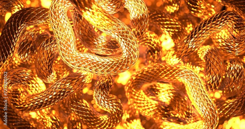 Glass, glowing gold color, snake scales animation. looped 3d animation.