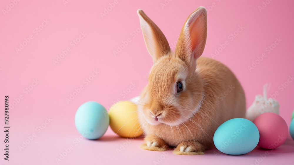 Cute bunny with colorful eggs on plain background. Easter background. Cute bunny with colorful eggs on plain background. Easter background.