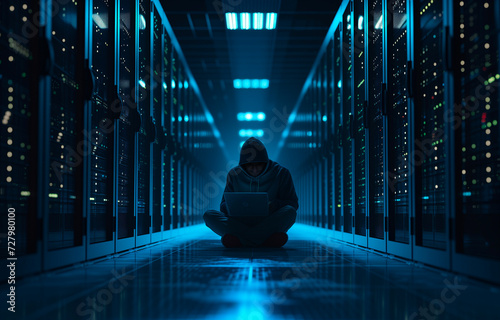 Hooded computer hacker trying to load malware and  breach the cyber security of modern data center full of server racks