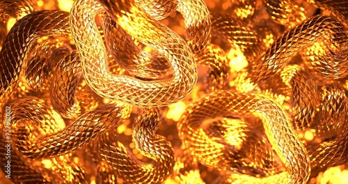 Glass, glowing gold color, snake scales animation. looped 3d animation.