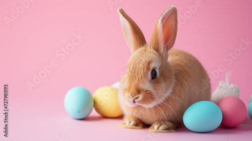 Cute bunny with colorful eggs on plain background. Easter background.