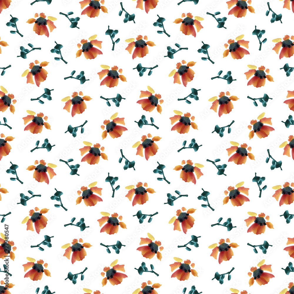 Colourful flowers and green leaves Watercolor seamless pattern. Background in Chinese style for decor, cards, logo, banners, cover, wrapping paper.