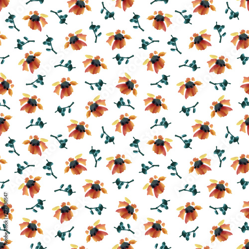 Colourful flowers and green leaves Watercolor seamless pattern. Background in Chinese style for decor, cards, logo, banners, cover, wrapping paper. © Mariia