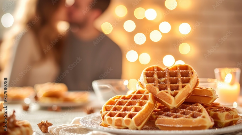Romantic Breakfast, Heart-shaped waffles on a table set for two, a couple on the brink of a kiss. Perfectly adorned for Valentine's Day. Romantic Breakfast, Heart-shaped waffles on a table set for two, a couple on the brink of a kiss. Perfectly adorned for Valentine's Day.