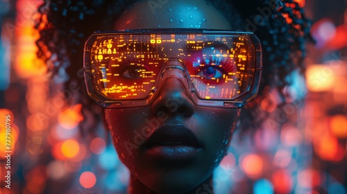 Surreal Cyberpunk Odyssey, African American Woman, a Virtual Reality Hacker, Surrounded by Holographic Code, Futuristic UI, and Virtual Landscapes © MdKamrul