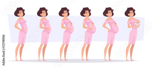 Pregnancy stages. Side view of pregnant woman in different stages weeks timeline exact vector templates