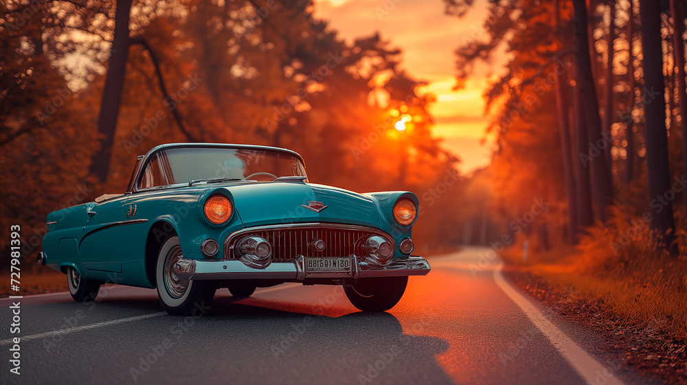 Vintage Car Ride at Sunset - Classic Elegance on the Road