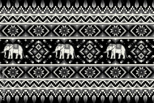 Ethnic Thai Elephant Monotone Seamless Pattern.  Pixel art vector design for fabric, carpet, tile, wrapping, embroidery, wallpaper, and background 