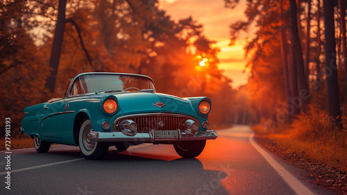 Vintage Car Ride at Sunset - Classic Elegance on the Road