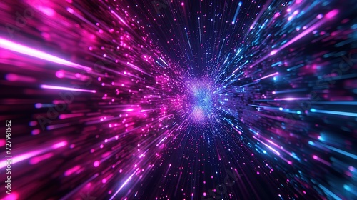 Vibrant abstract image of pink and blue light particles rushing towards the viewer  creating a sense of high speed.