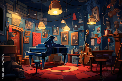 Cartoon jazz club, blues club, musicians making music in a bar, cartoon music bar photo