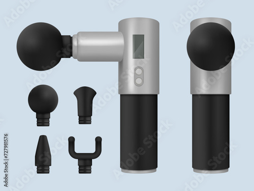 Massage gun. Percussion handled instrument for self massage decent vector realistic template
