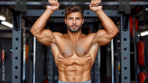 Shirtless Man Holding Bar in Gym