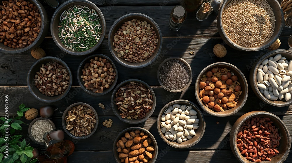 An array of nuts and seeds beautifully displayed in bowls on a rustic wooden table, highlighted by natural sunlight. An array of nuts and seeds beautifully displayed in bowls on a rustic wooden table, highlighted by natural sunlight.